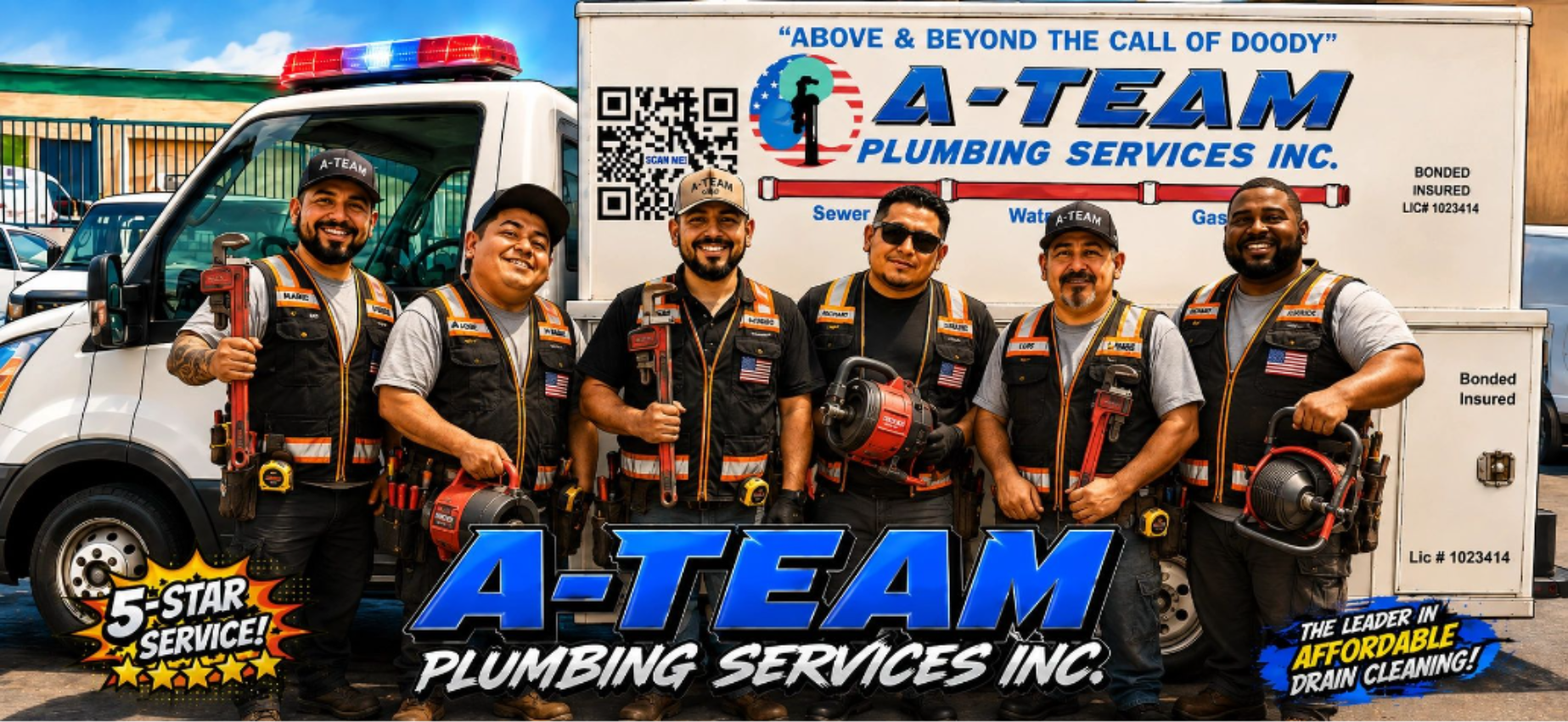 A-Team Plumbing Services crew in front of branded vehicles