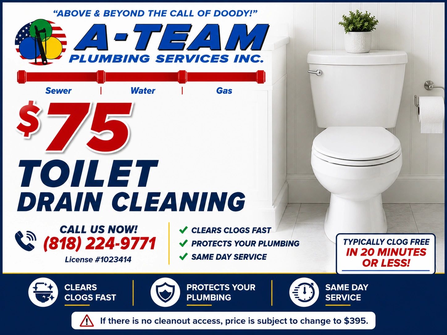 Toilet Drain Cleaning $75 — A-Team Plumbing Services