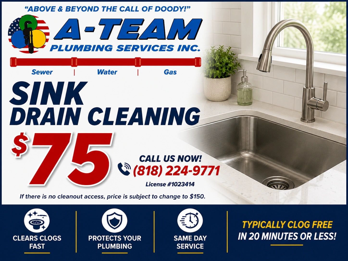 Sink Drain Cleaning $75 — A-Team Plumbing Services